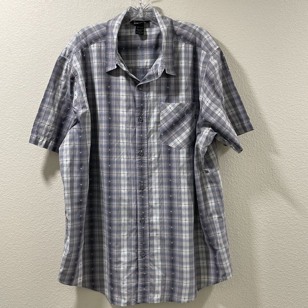 MARMOT Men's (VTG) Short Sleeve Button Up Plaid Shirt Gray/Aqua Men's XXL